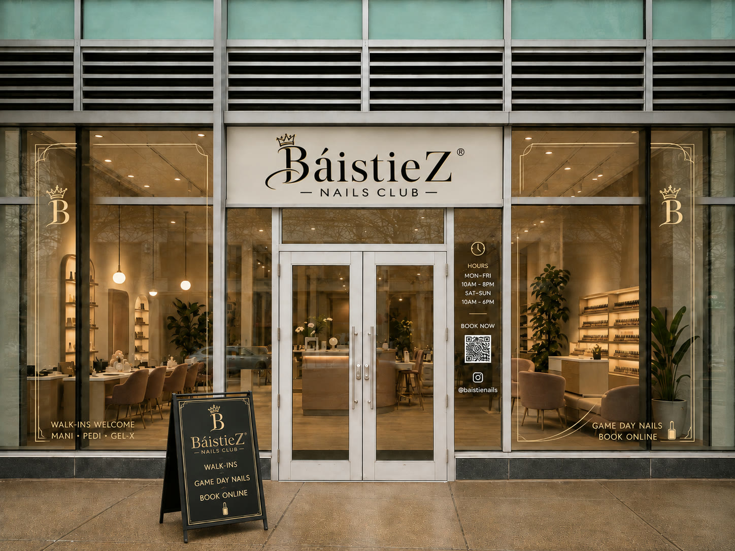 Mockup of the Báistiez Nails Club storefront at 231 Trumbull Street, with glass windows, warm interior lighting, and a sidewalk sign